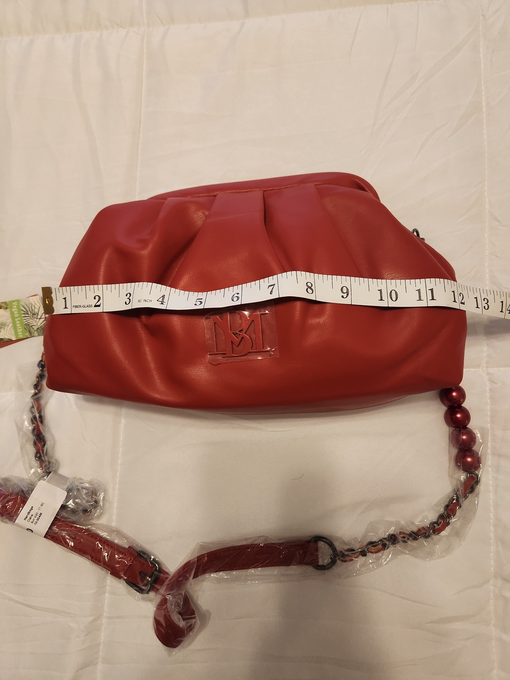 Badgley Mischka Red Pleated Crossbody Bag with Bead-Detail Strap